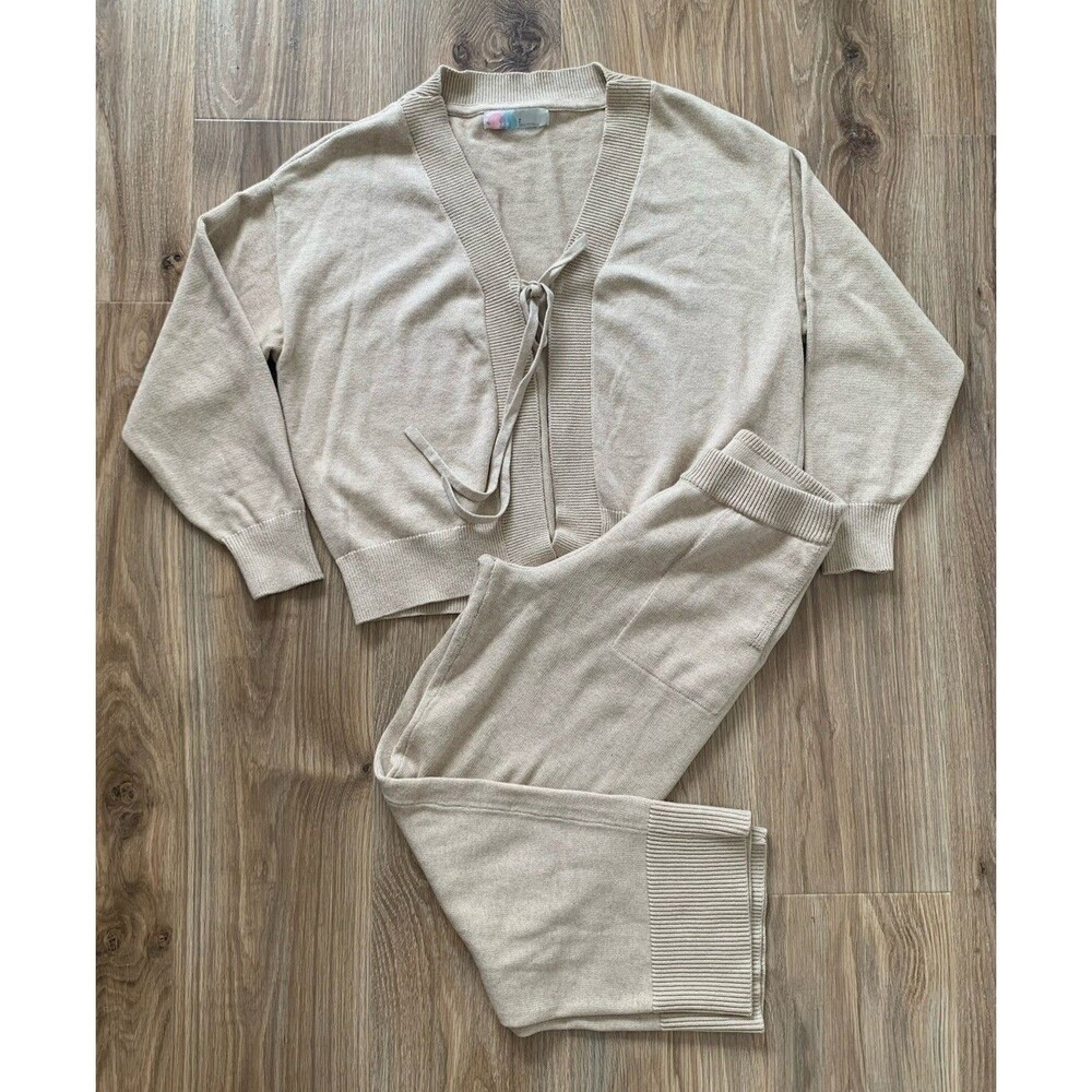 Free People Beach Solar Two Piece Cardigan Sweater Pants Knit Set S Cream Beige